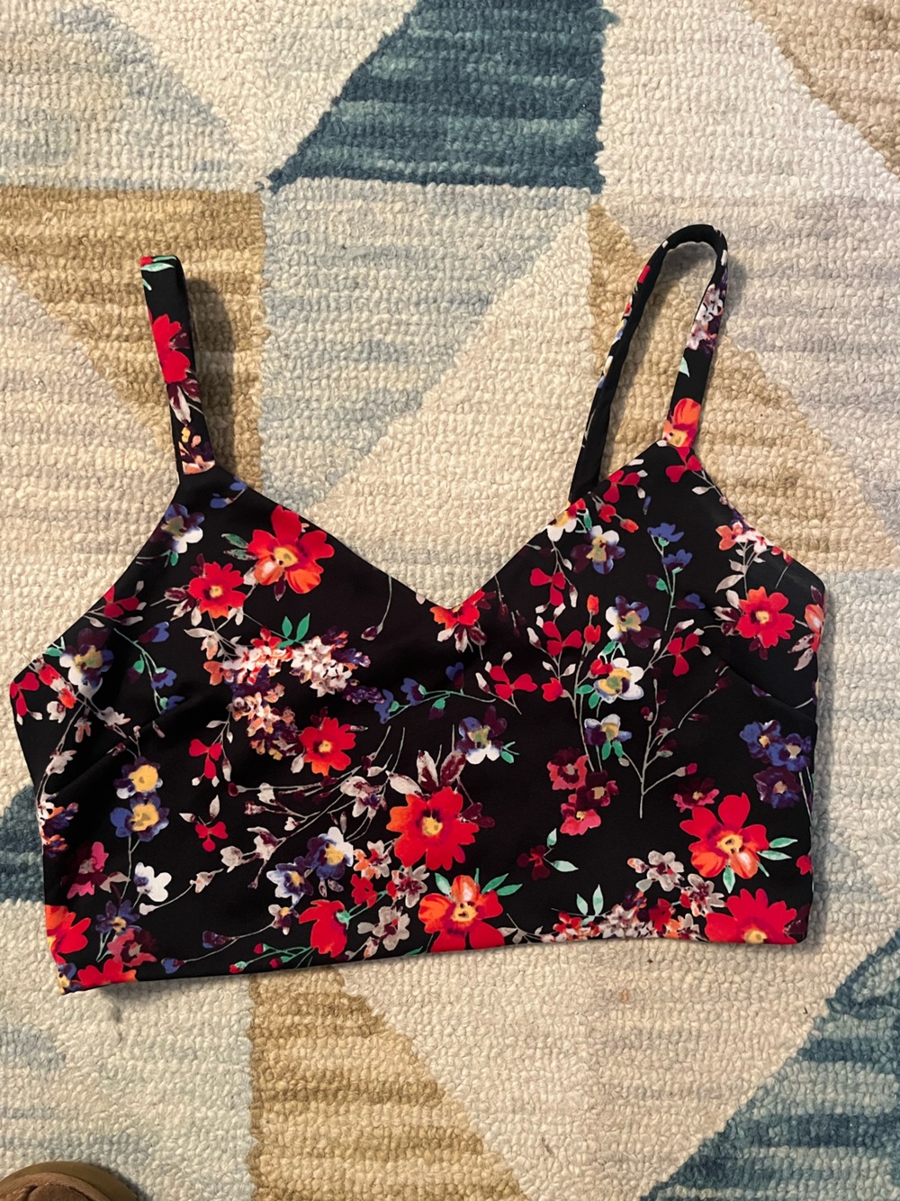 Express Black Floral Crop Top with Multicolor Accents